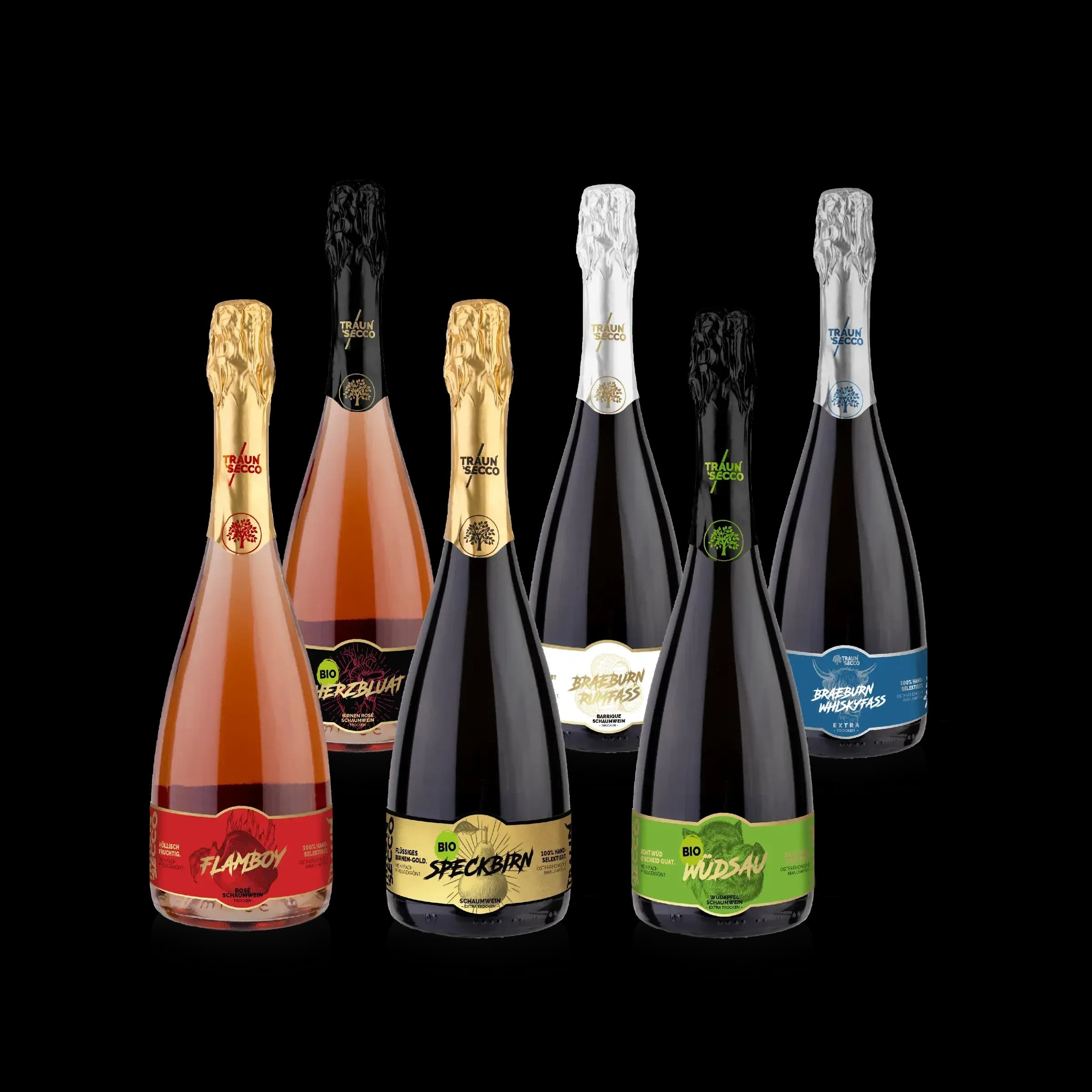 Traunsecco Sekt Schaumwein Kennenlern-Paket Flamboy Speckbirn Wüdsau Herzbluat Rubens Rumfass Braeburn Whiskyfass aus Österreich