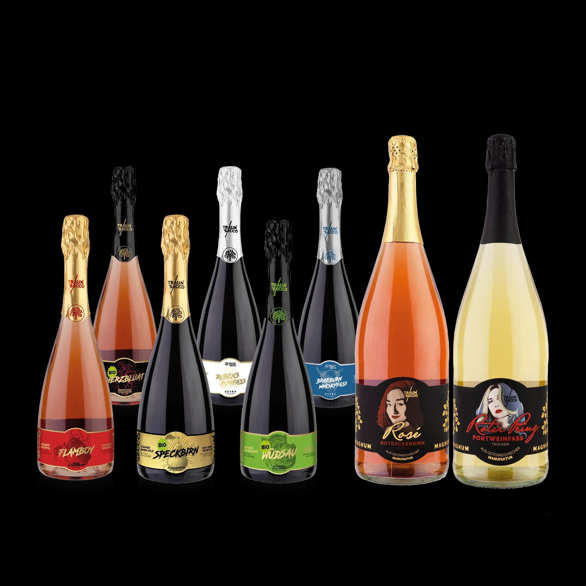 Traunsecco Schaumwein Sekt Kennenlern-Paket Flamboy Speckbirn Wüdsau Herzbluat Rumfass Breaburn Whiskyfass aus Österreich